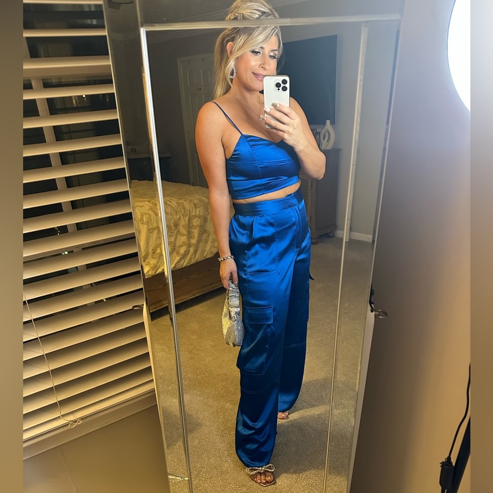 House of Harlow silk wide leg joggers and cropped top set